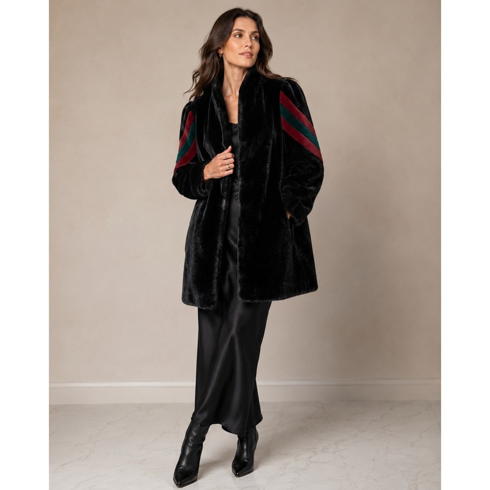Vintage Black‎ Faux Fur Coat Stripe Sleeve Glam Statement Medium